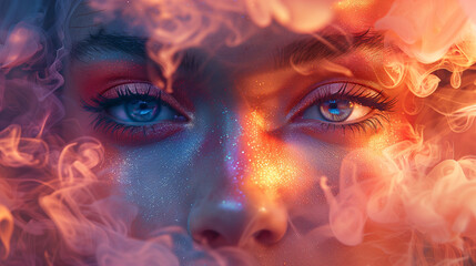 Wall Mural - A close-up of a womans face with sparkling eyes peering through a swirling cloud of smoke. The smoke appears to be lit from within, casting an ethereal glow on her skin