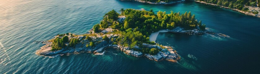 Wall Mural - Aerial view of a beautiful secluded island surrounded by clear blue water and lush greenery, offering a peaceful and serene natural landscape.