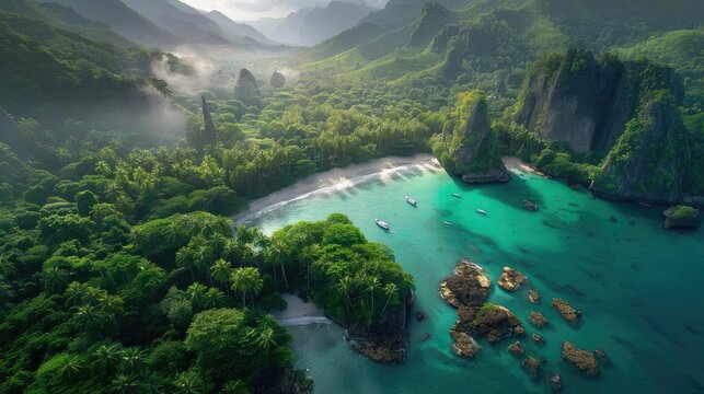 Breathtaking aerial view of lush green mountains meeting crystal clear turquoise waters, featuring a secluded beach and stunning rock formations.