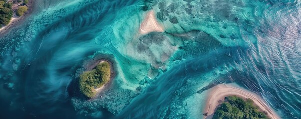 Sticker - Aerial view of stunning turquoise islands surrounded by crystal-clear waters and vibrant marine life, showcasing a breathtaking tropical paradise.