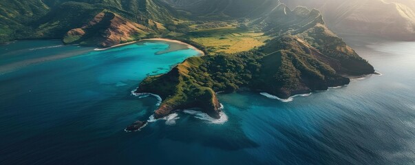 Aerial view of a stunning coastal landscape with rugged cliffs, turquoise waters, and a picturesque green island under a cloudy sky.