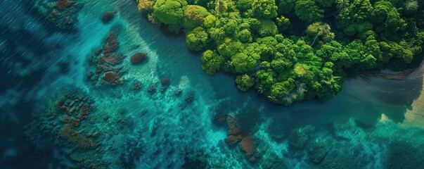 Wall Mural - Aerial view of a lush tropical island surrounded by vibrant blue ocean waters and coral reefs, showcasing a stunning natural landscape.