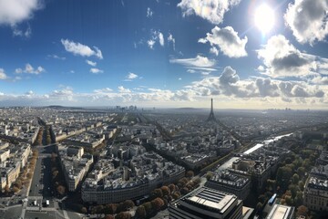 Paris,  capital of France panorama aerial view on a sunny day with copy space upon