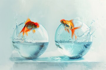 Wall Mural - Two goldfish jumping out of a glass bowl with water splashing a playful moment of escape and freedom