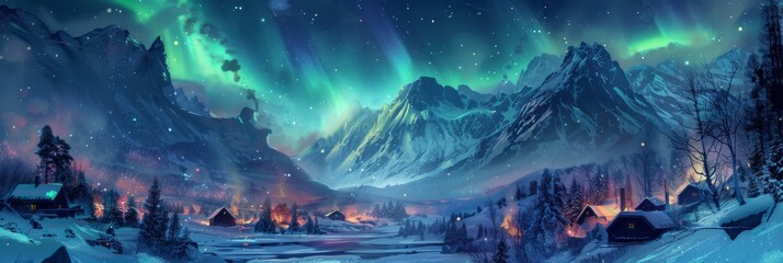 northern lights, norway winter aurora borealis painting, polar lights, copy space