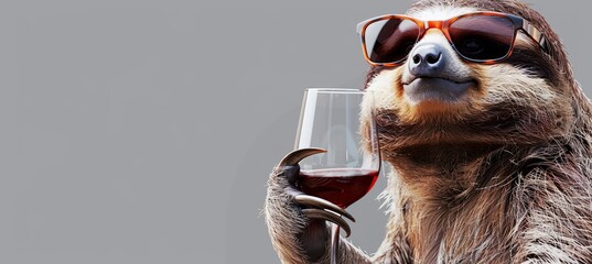 Wall Mural - Sloth wearing sunglasses and holding a glass of red wine, against a sleek grey background banner