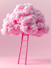 Wall Mural - Small ladder disappearing into a pink cloud on a pink background. Conceptual sculpture style, soft dreamy scene.