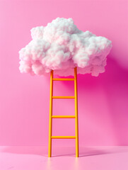 Wall Mural - Abstract visual concept depicting a yellow ladder rising toward a solitary, fluffy cloud on a soft pink backdrop. Minimal creative pastel pink concept.