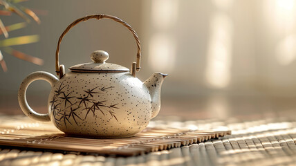 Ceramic teapot with bamboo handle on a wooden mat.