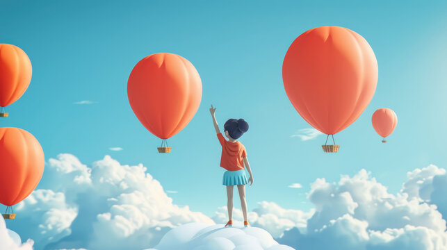 A girl with her arm outstretched stands on a fluffy white cloud, gazing up at a bright red hot air balloon floating in a clear blue sky
