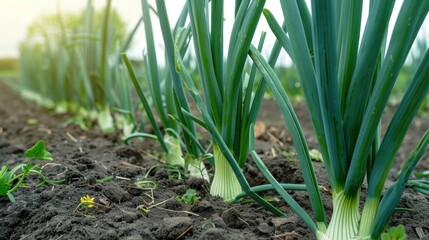 Row of young onion plants growing in fertile soil in an agricultural field