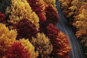 Wall Mural - Aerial view of a winding road through a vibrant autumn forest with colorful foliage in shades of red, orange, and yellow.