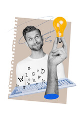 Aufkleber - Vertical creative photo collage of smart handsome young guy think idea writing application code isolated on drawing background