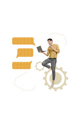 Aufkleber - Collage creative poster of happy handsome man use modern netbook communicate online website app isolated on drawing beige color background