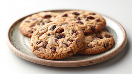 Oatmeal raisin cookies on a plate, white background, 