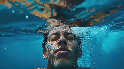 Man submerged underwater in the blue ocean depths, Deep dive into serenity