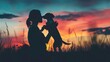 © Joyce - Sunset dusk silhouette of dog and a beautiful female with family in outdoor park