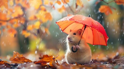 Wall Mural - Cute hamster with an umbrella in rain in woods