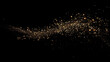 © W - A single trail of sparkling gold glitter on a black background, with the trail transforming into an elegant and graceful curve that conveys movement and fluidity. The particles in each grain sparkle