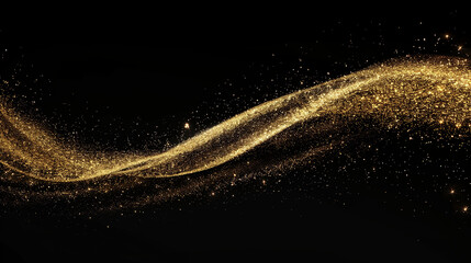 A single trail of sparkling gold glitter on a black background, with the trail transforming into an elegant and graceful curve that conveys movement and fluidity. The particles in each grain sparkle 