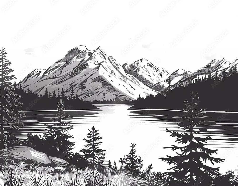 Beautiful mountain landscape with river graphic black and white vector ...