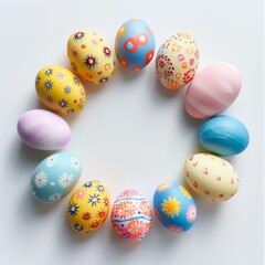 Wall Mural - top view of beautiful easter eggs in a circle on table