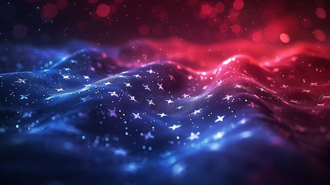 A vibrant display of red and blue waves with white stars, set against a dark blue background.
