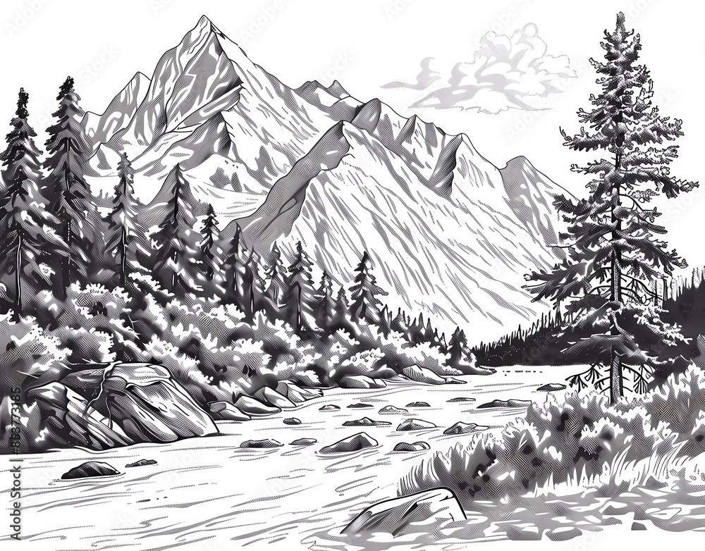 Beautiful mountain landscape with river graphic black and white vector ...