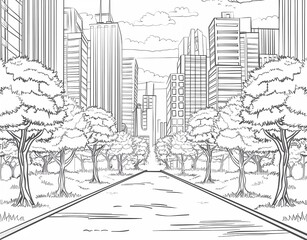 Wall Mural - Beautiful city park with trees and skyscrapers black and white vector illustration sketch graphic background