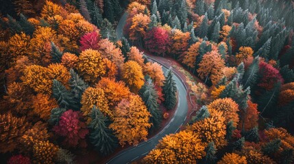 Wall Mural - Scenic aerial view of winding road through vibrant autumn forest with diverse foliage and towering trees on either side.