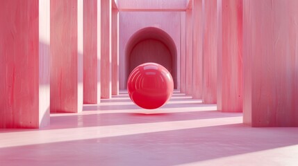 Wall Mural - A red ball is in the middle of a pink hallway