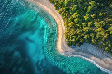 Poster - Aerial view of a pristine beach with turquoise waters meeting a sandy shoreline bordered by lush green forest.
