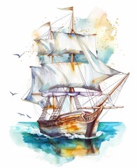 Wall Mural - Watercolor painting of vintage medieval pirate sailing ship