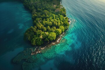 Canvas Print - Stunning aerial view of a lush, green tropical island surrounded by crystal clear blue ocean waters, showcasing natural beauty and serenity.