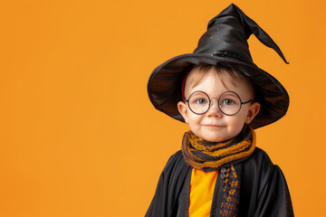 Wall Mural - Spooky Season Fun - Kid’s Wizard Costume on Vibrant Orange