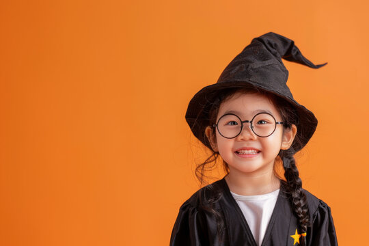 Spooky Season Fun - Kid’s Witch Costume on Vibrant Orange