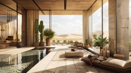 Wall Mural - A large open living room with a pool and a desert view