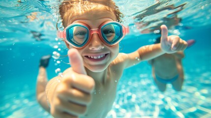 Wall Mural - Underwater portrait of happy boy with thumbs up gesture in swimming pool.