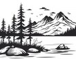 © munja02 - Beautiful mountain landscape with river graphic black and white vector illustration background sketch