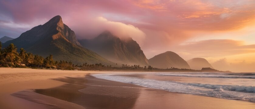 a beautiful beach with surfaces in the distance, a large mountain on one side