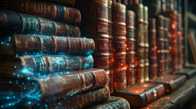 Old Books with Digital Annotations: Illustrate a background featuring stacks of old books with glowing, digital annotations, representing the fusion of traditional knowledge and modern technology.