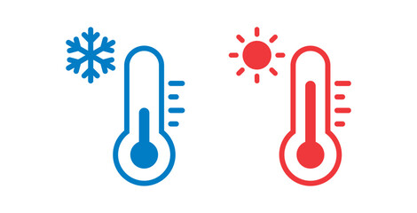 hot and cold temperature vector icon set isolated on white background. winter and summer weather the