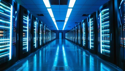 A large data center Shot of Corridor in Working Data Center Full of Rack Servers and Supercomputers with Internet connection Visualisation Projection