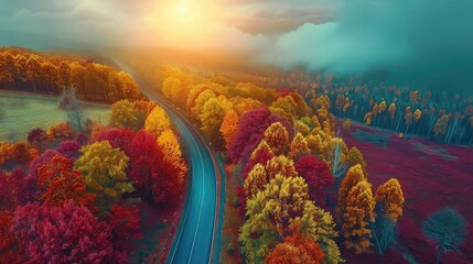 Poster - A scenic road winds through vibrant autumn foliage in a picturesque landscape at sunrise. The colorful trees and mist create a serene atmosphere.