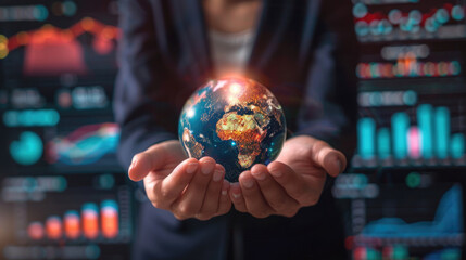 Close-up of business woman hand holding shining earth globe market symbolizing innovation and sustainability business communication internet strategy with charts and graphs projected on background 