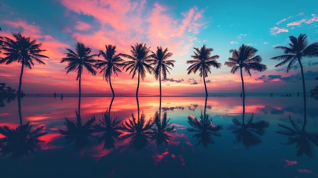 Palm tree silhouette with water reflection at sunset