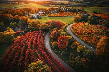 Poster - Stunning aerial view of a vibrant autumn landscape with colorful foliage, winding roads, and a scenic countryside at sunset.