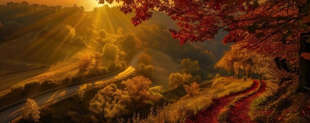 Aufkleber - Serene autumn landscape with golden sunlight filtering through colorful trees, illuminating a winding path in a tranquil countryside.