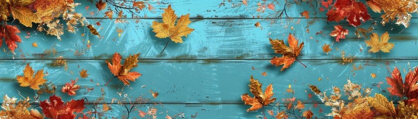 Poster - Autumn leaves on a turquoise wooden background, capturing the essence of fall season with warm, vibrant hues and rustic elements.
