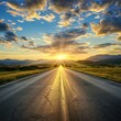 © artemstepanov - Sunrise Road, Summer Sunny Highway, Journey Landscape, Way to Sunlight Horizon, Copy Space